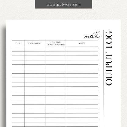 Cattle Cow Milk Output Log Printable Template – Digital Download for Tracking and Recording Milk Production from Cows
