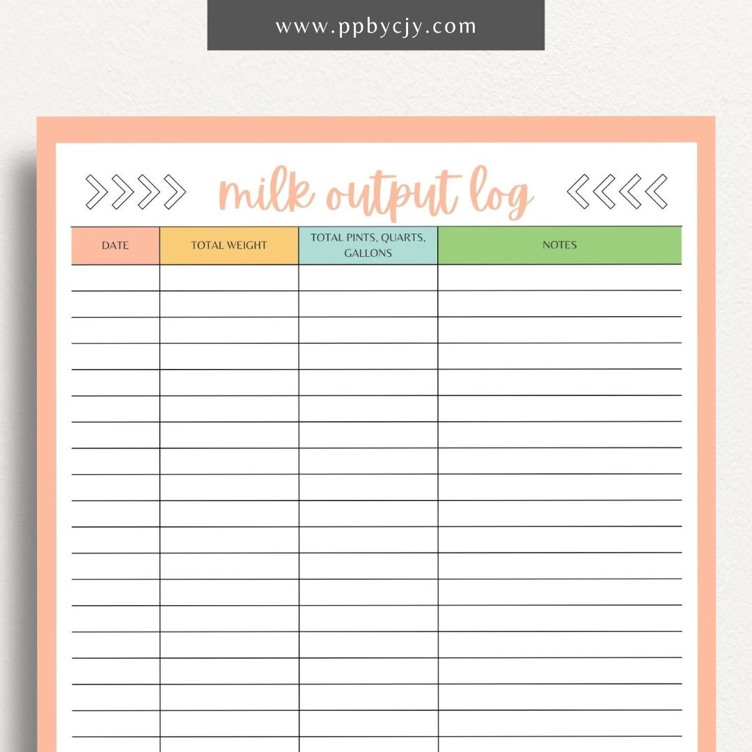 Cattle Cow Milk Output Log Printable Template – Digital Download for Tracking and Recording Milk Production from Cows