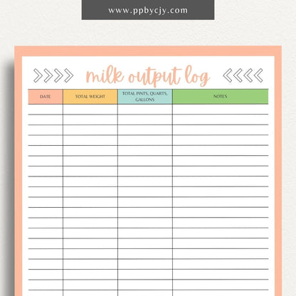 Cattle Cow Milk Output Log Printable Template – Digital Download for Tracking and Recording Milk Production from Cows