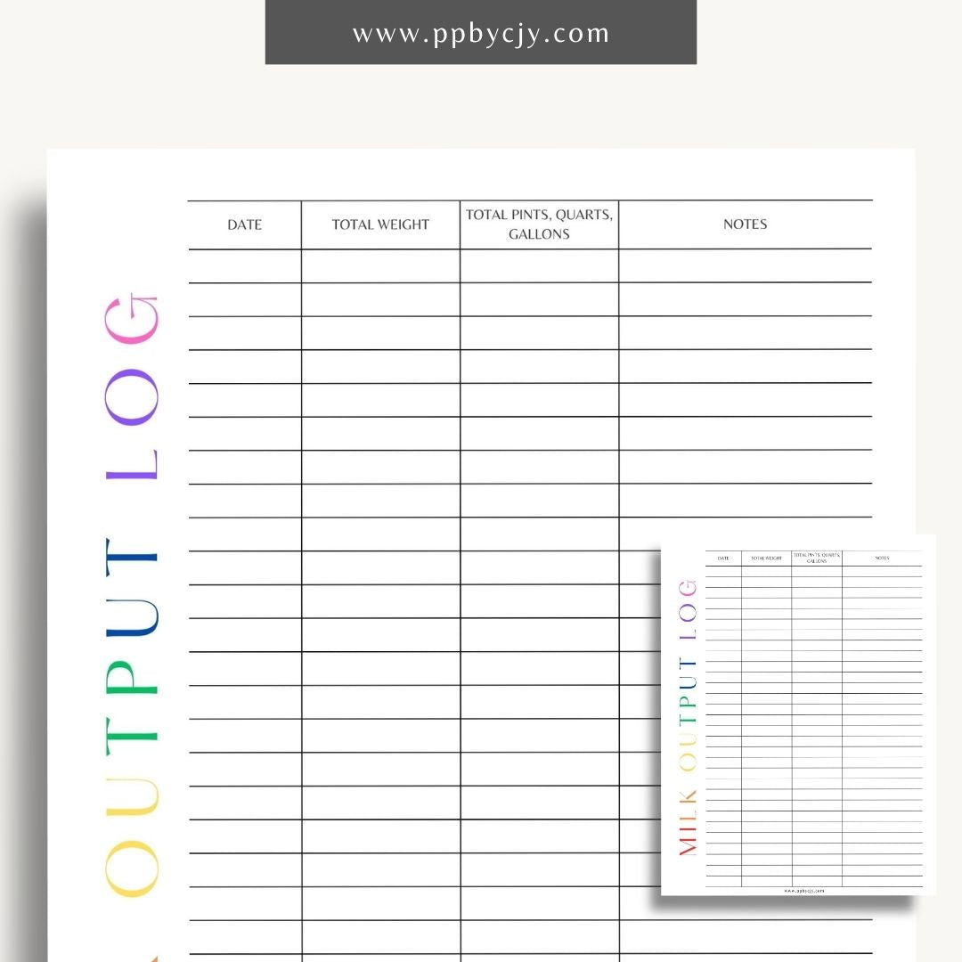 Cattle Cow Milk Output Log Printable Template – Digital Download for Tracking and Recording Milk Production from Cows