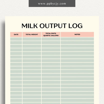 Cattle Cow Milk Output Log Printable Template – Digital Download for Tracking and Recording Milk Production from Cows