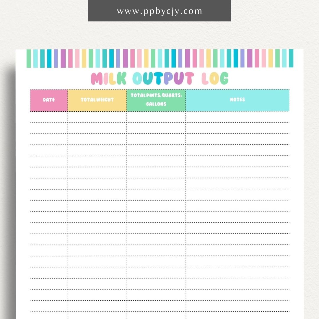 Cattle Cow Milk Output Log Printable Template – Digital Download for Tracking and Recording Milk Production from Cows