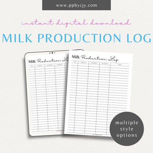 Milk Production Log Printable Template – Digital Download for Tracking Milk Output with sections for dates, times, quantities, and notes.