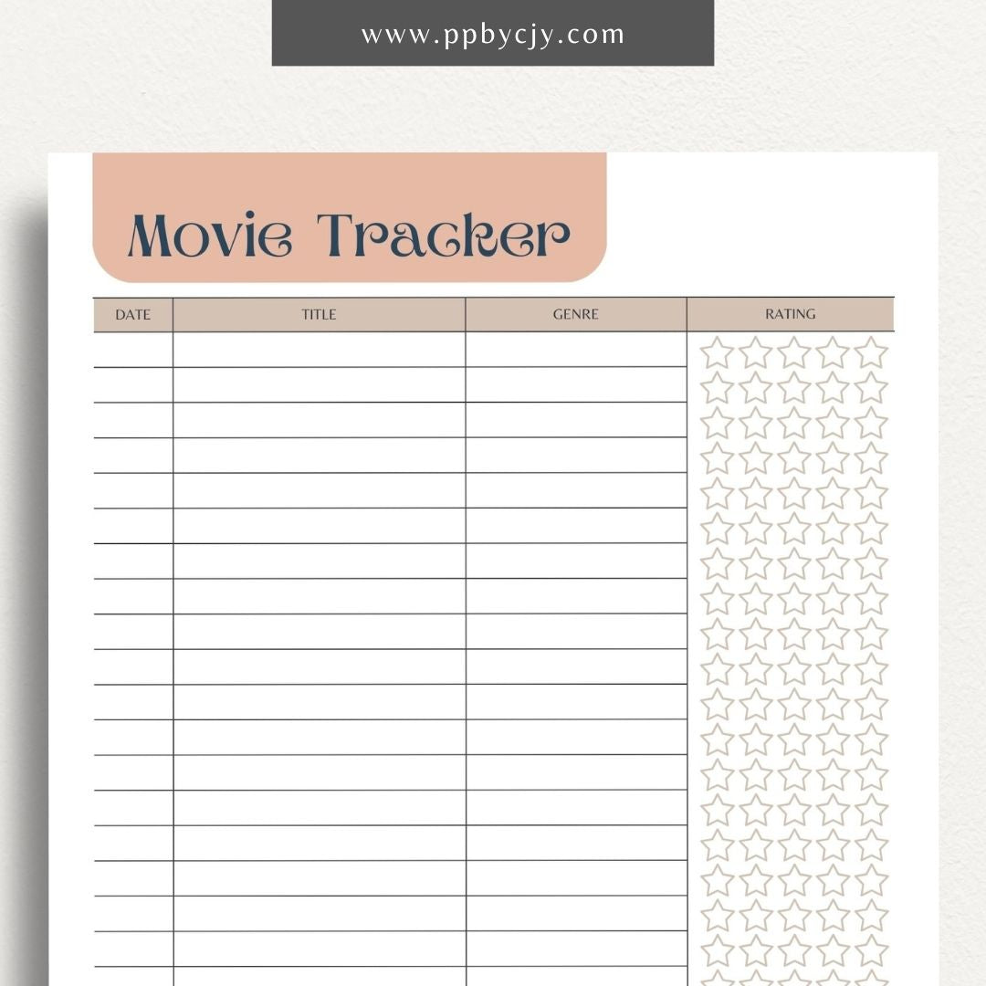 Movie Tracker Printable Template – Digital download for recording and managing movies watched, including ratings, reviews, and future viewing plans.