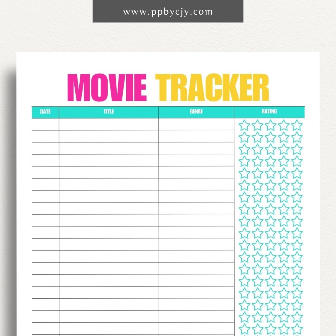 Movie Tracker Printable Template – Digital download for recording and managing movies watched, including ratings, reviews, and future viewing plans.