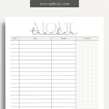 Movie Tracker Printable Template – Digital download for recording and managing movies watched, including ratings, reviews, and future viewing plans.