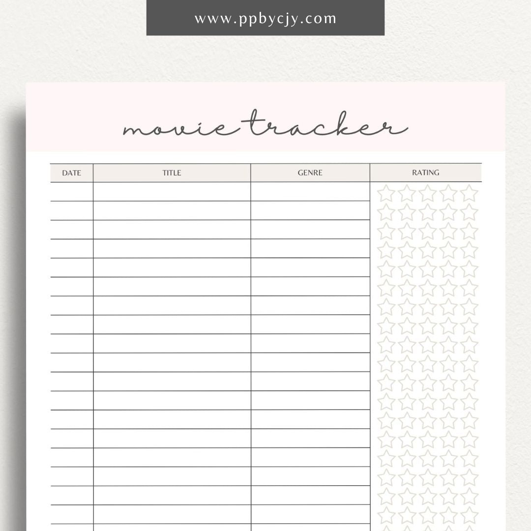 Movie Tracker Printable Template – Digital download for recording and managing movies watched, including ratings, reviews, and future viewing plans.