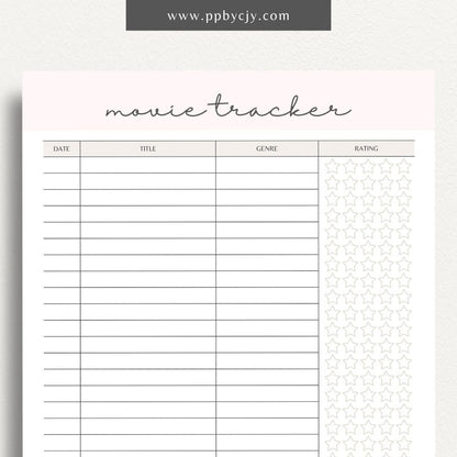 Movie Tracker Printable Template – Digital download for recording and managing movies watched, including ratings, reviews, and future viewing plans.