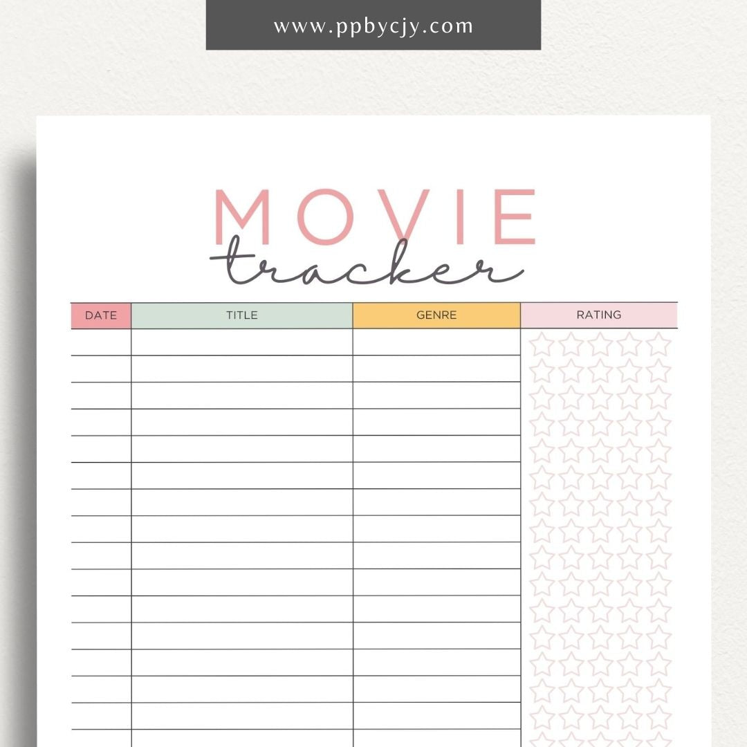 Movie Tracker Printable Template – Digital download for recording and managing movies watched, including ratings, reviews, and future viewing plans.