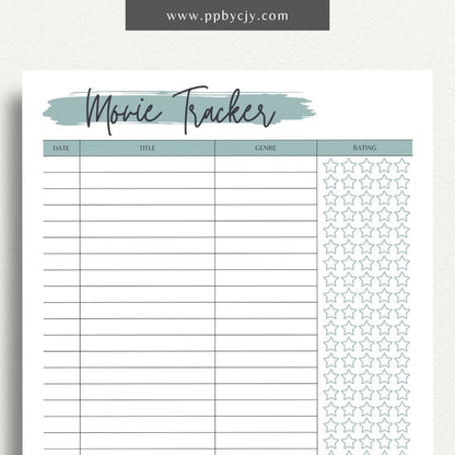 Movie Tracker Printable Template – Digital download for recording and managing movies watched, including ratings, reviews, and future viewing plans.