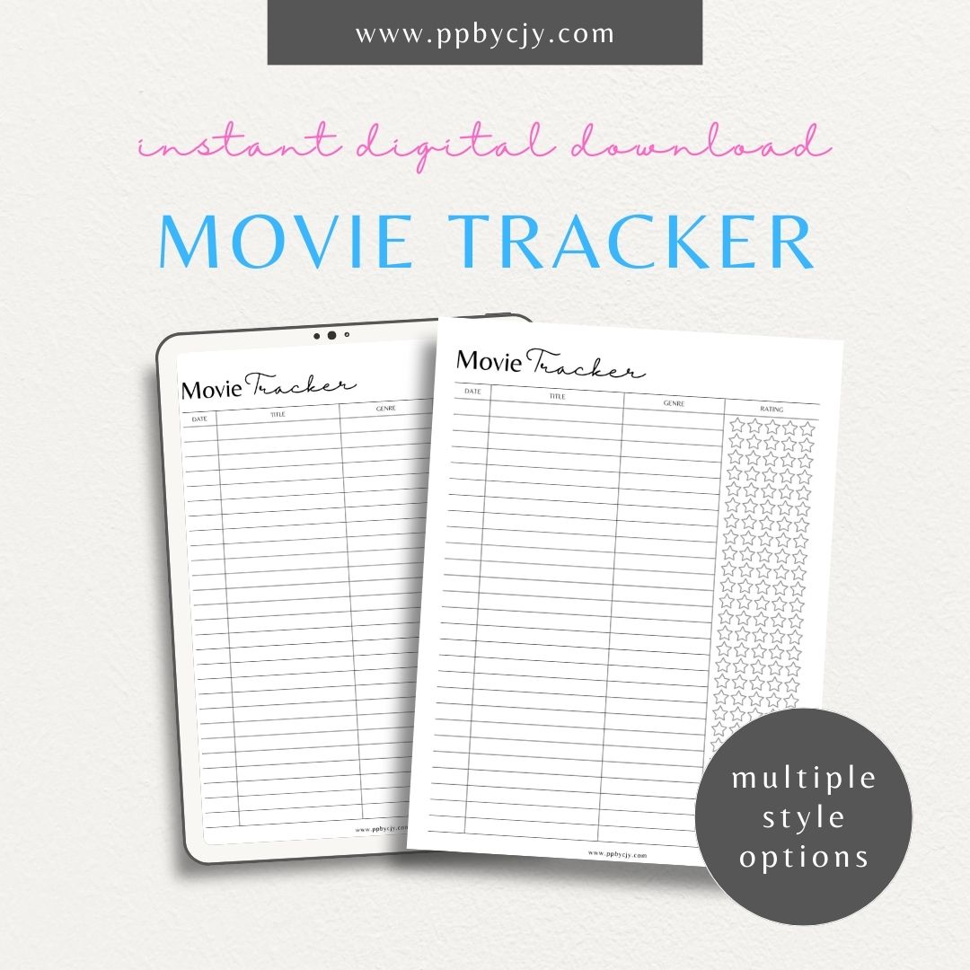 Movie Tracker Printable Template – Digital download for recording and managing movies watched, including ratings, reviews, and future viewing plans.