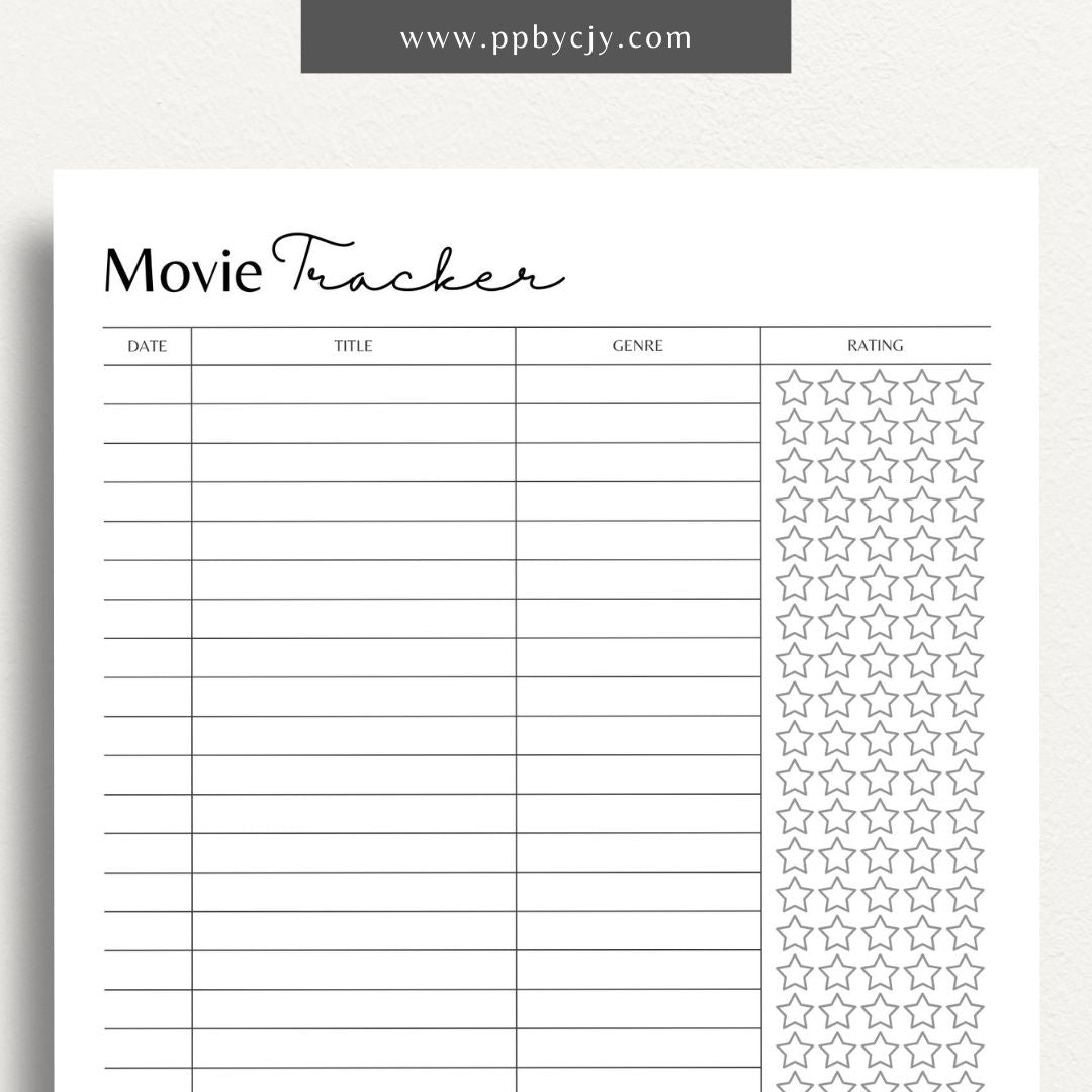 Movie Tracker Printable Template – Digital download for recording and managing movies watched, including ratings, reviews, and future viewing plans.