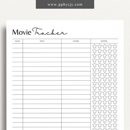 Movie Tracker Printable Template – Digital download for recording and managing movies watched, including ratings, reviews, and future viewing plans.