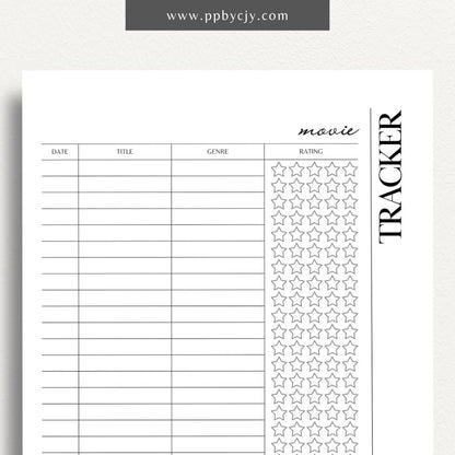 Movie Tracker Printable Template – Digital download for recording and managing movies watched, including ratings, reviews, and future viewing plans.