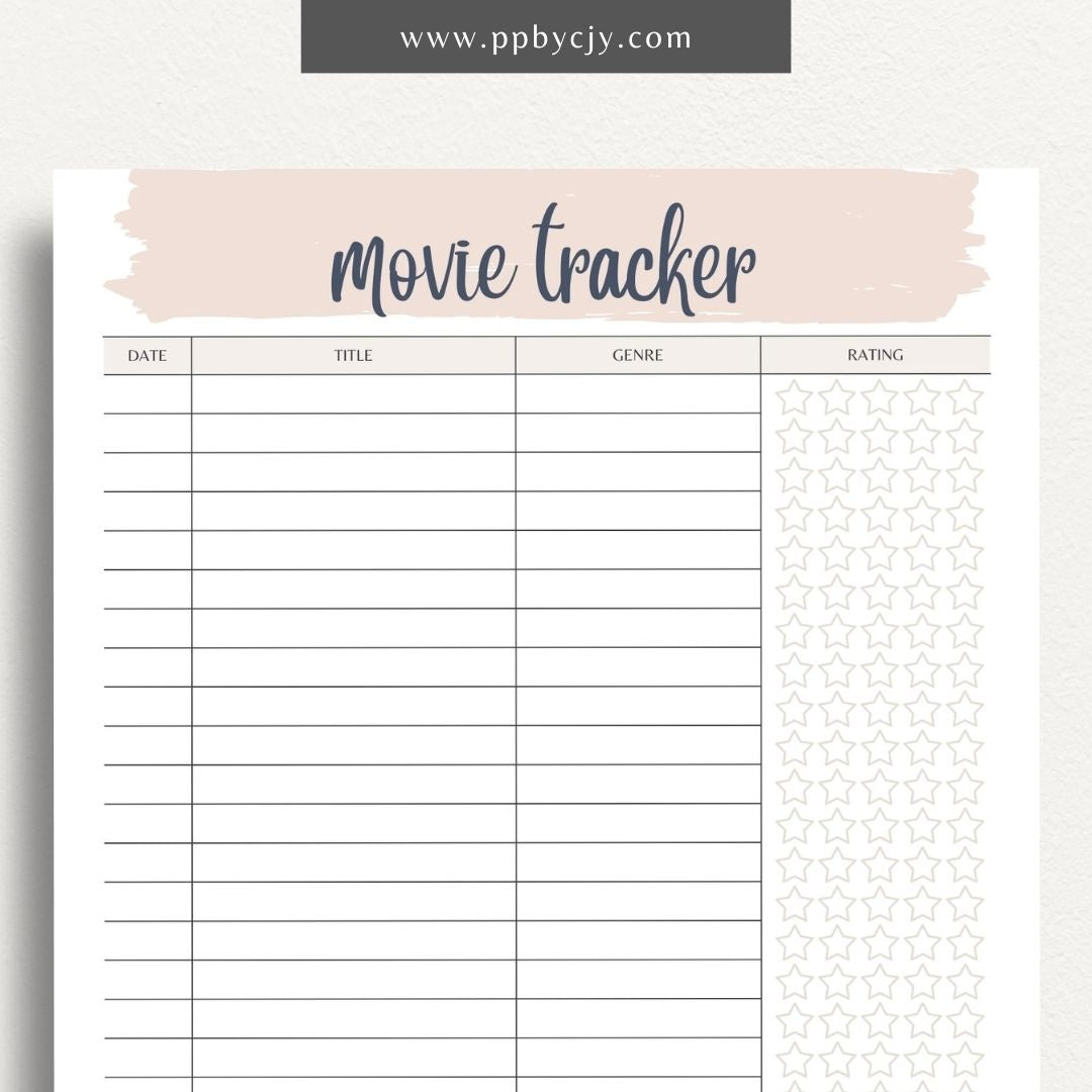 Movie Tracker Printable Template – Digital download for recording and managing movies watched, including ratings, reviews, and future viewing plans.