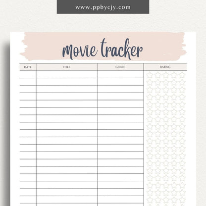 Movie Tracker Printable Template – Digital download for recording and managing movies watched, including ratings, reviews, and future viewing plans.