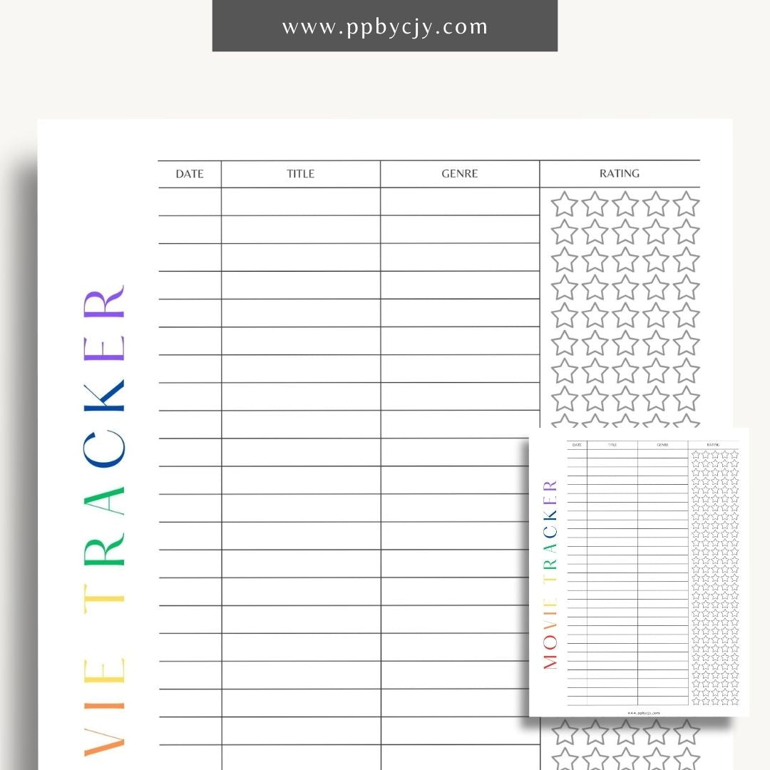 Movie Tracker Printable Template – Digital download for recording and managing movies watched, including ratings, reviews, and future viewing plans.