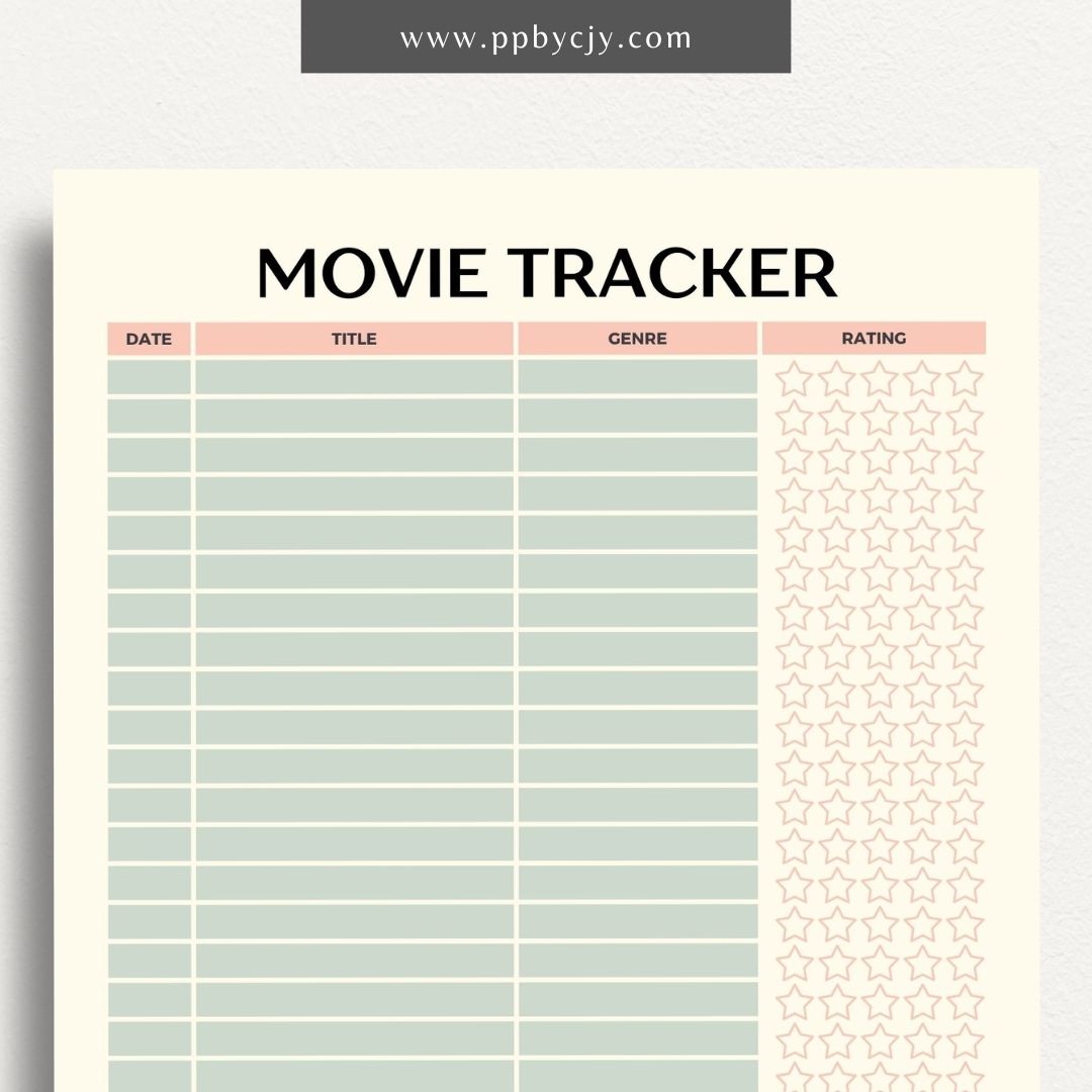 Movie Tracker Printable Template – Digital download for recording and managing movies watched, including ratings, reviews, and future viewing plans.