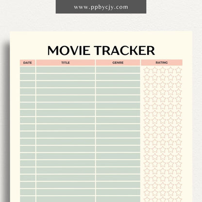 Movie Tracker Printable Template – Digital download for recording and managing movies watched, including ratings, reviews, and future viewing plans.