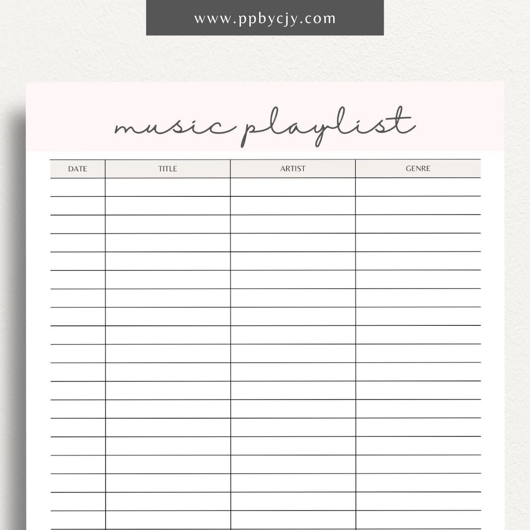 printable template page with columns and rows related to music playlists