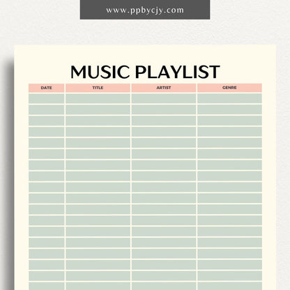printable template page with columns and rows related to music playlists
