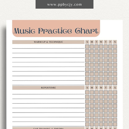 Music Practice Chart Printable Template – Digital download for tracking and organizing music practice sessions, including goals, duration, and progress.