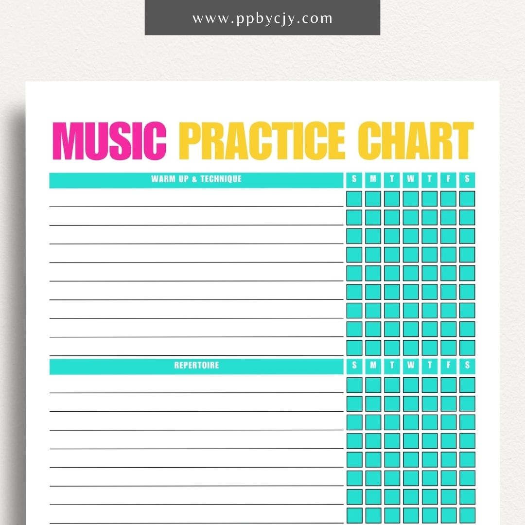Music Practice Chart Printable Template – Digital download for tracking and organizing music practice sessions, including goals, duration, and progress.