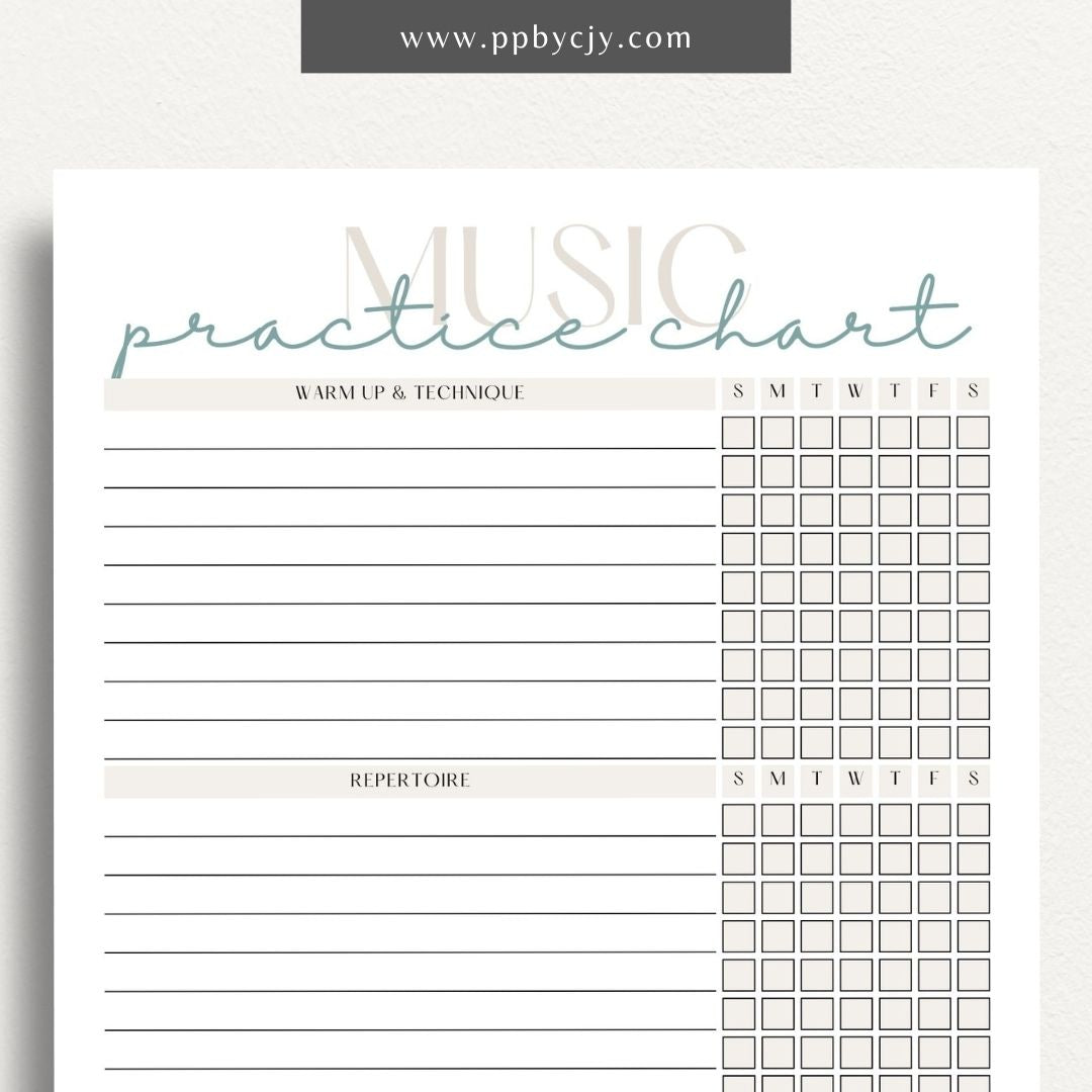 Music Practice Chart Printable Template – Digital download for tracking and organizing music practice sessions, including goals, duration, and progress.