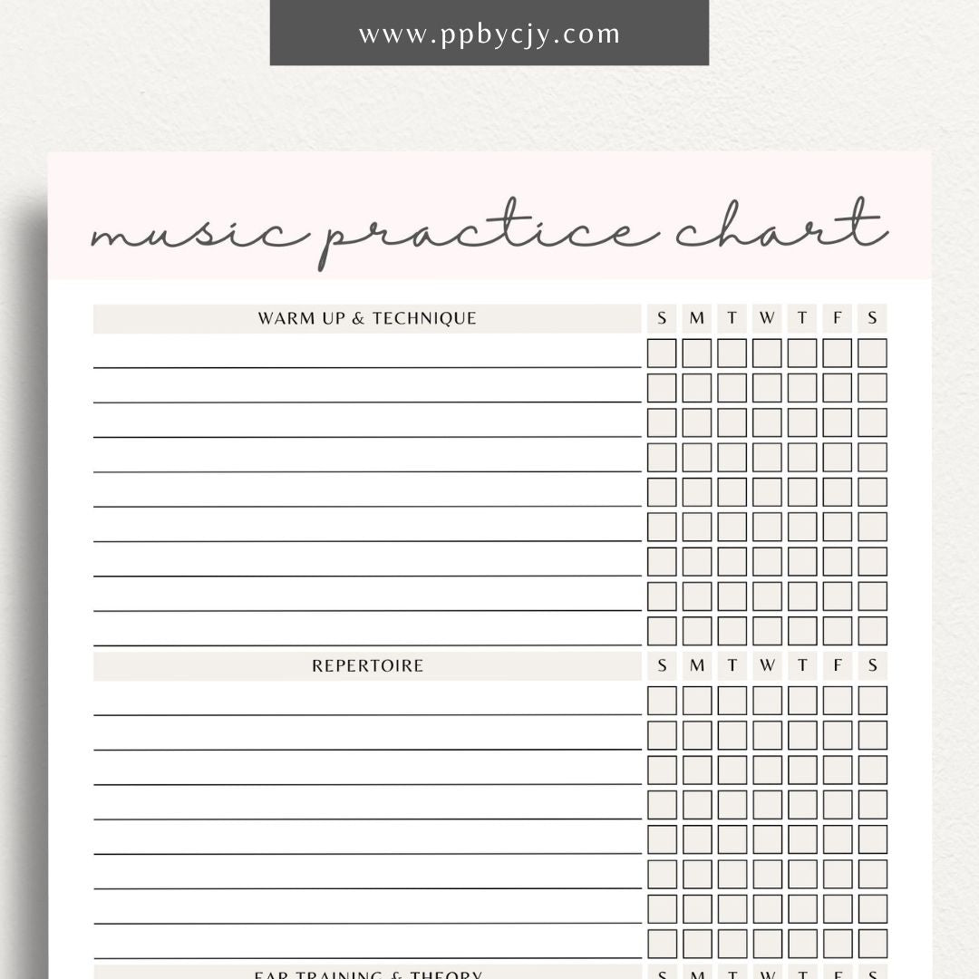 Music Practice Chart Printable Template – Digital download for tracking and organizing music practice sessions, including goals, duration, and progress.