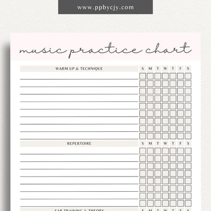 Music Practice Chart Printable Template – Digital download for tracking and organizing music practice sessions, including goals, duration, and progress.