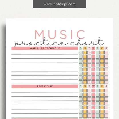 Music Practice Chart Printable Template – Digital download for tracking and organizing music practice sessions, including goals, duration, and progress.
