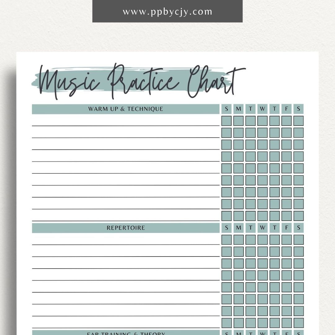 Music Practice Chart Printable Template – Digital download for tracking and organizing music practice sessions, including goals, duration, and progress.
