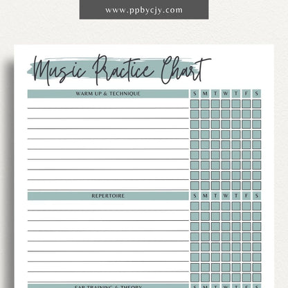 Music Practice Chart Printable Template – Digital download for tracking and organizing music practice sessions, including goals, duration, and progress.