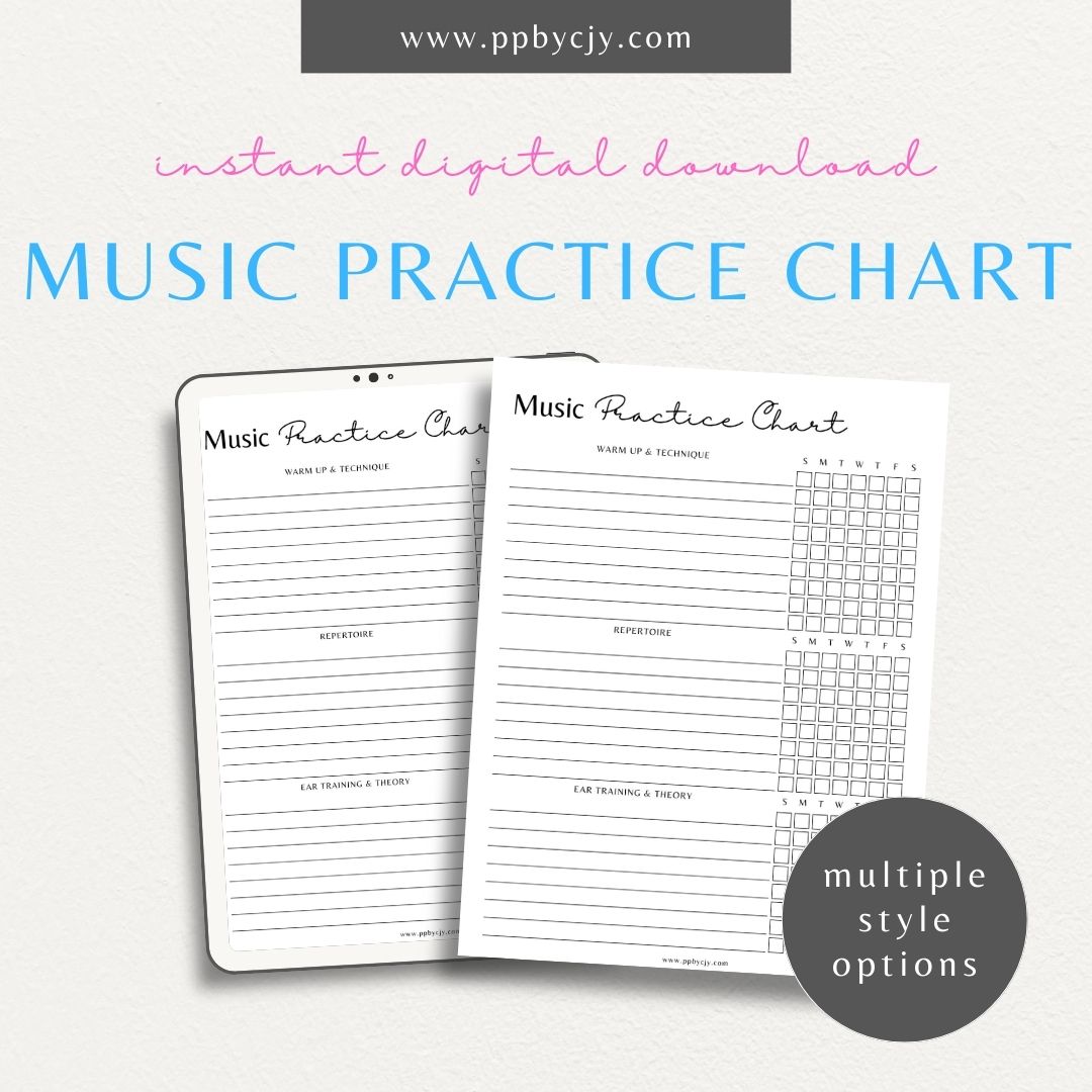 Music Practice Chart Printable Template – Digital download for tracking and organizing music practice sessions, including goals, duration, and progress.