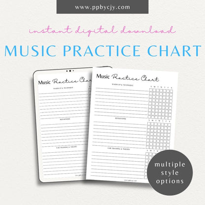Music Practice Chart Printable Template – Digital download for tracking and organizing music practice sessions, including goals, duration, and progress.