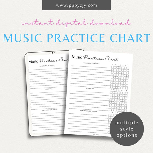 Music Practice Chart Printable Template – Digital download for tracking and organizing music practice sessions, including goals, duration, and progress.