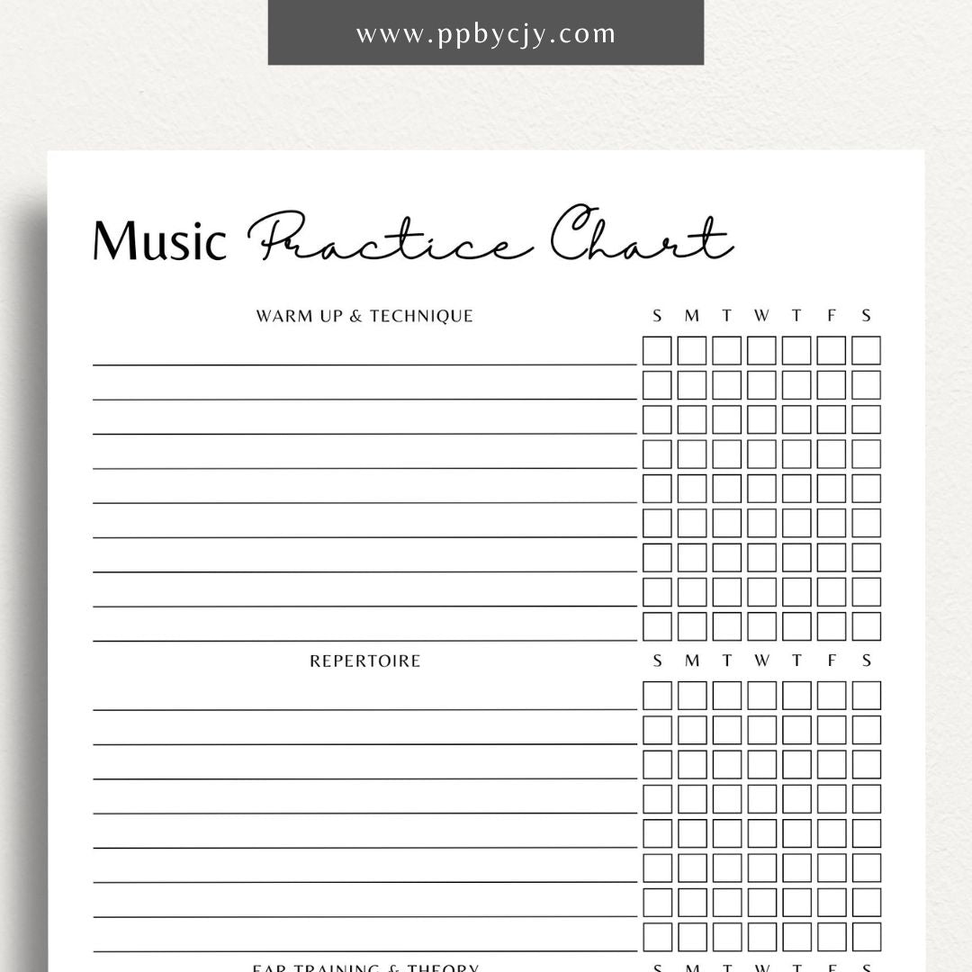 Music Practice Chart Printable Template – Digital download for tracking and organizing music practice sessions, including goals, duration, and progress.