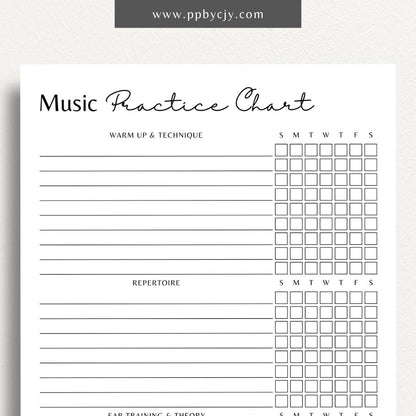 Music Practice Chart Printable Template – Digital download for tracking and organizing music practice sessions, including goals, duration, and progress.