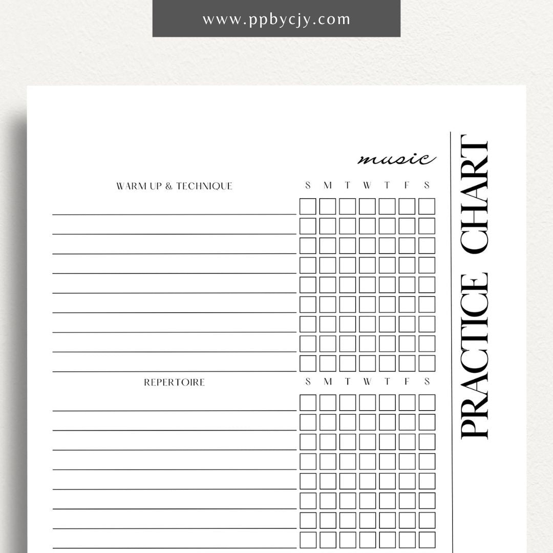 Music Practice Chart Printable Template – Digital download for tracking and organizing music practice sessions, including goals, duration, and progress.