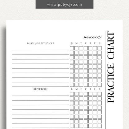 Music Practice Chart Printable Template – Digital download for tracking and organizing music practice sessions, including goals, duration, and progress.