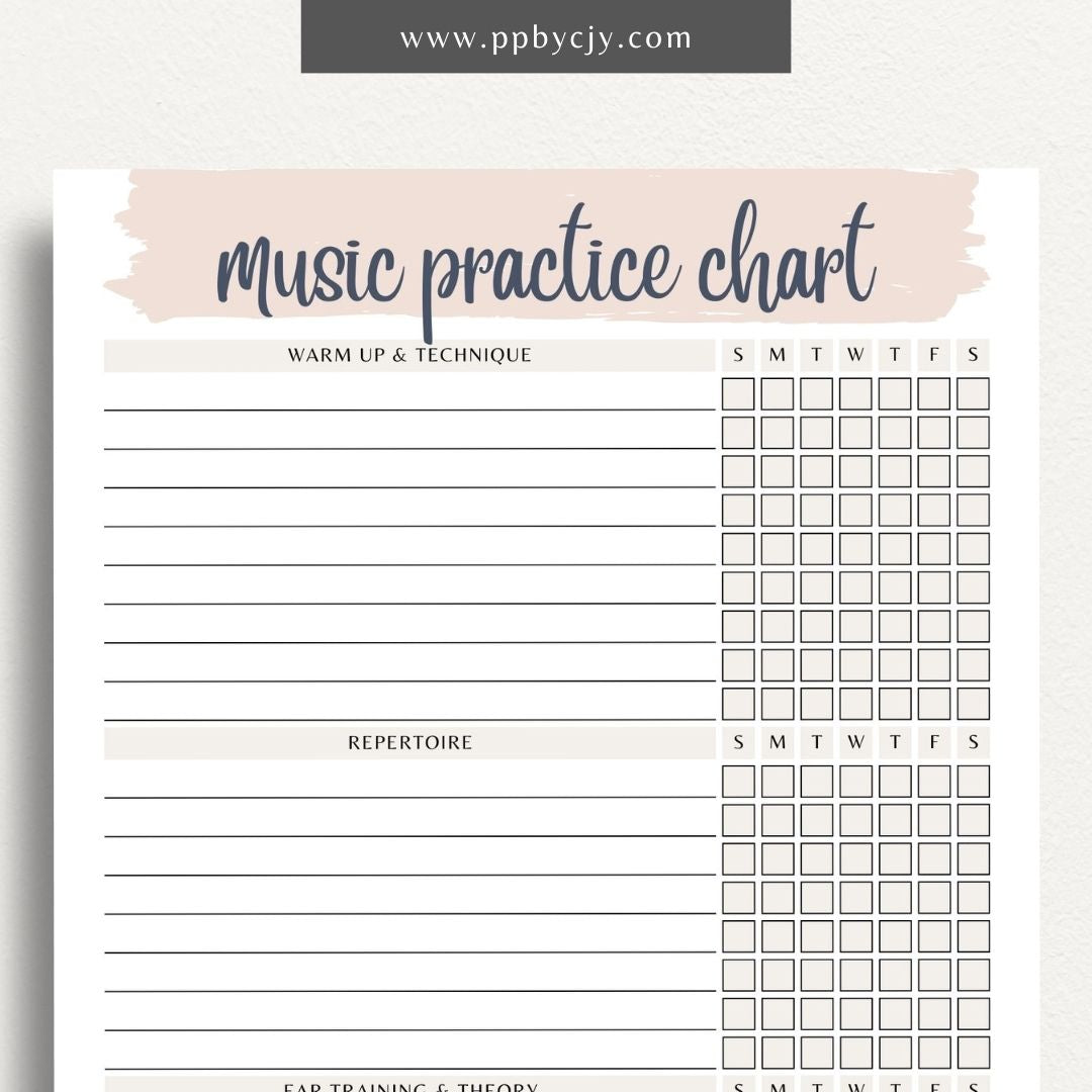 Music Practice Chart Printable Template – Digital download for tracking and organizing music practice sessions, including goals, duration, and progress.