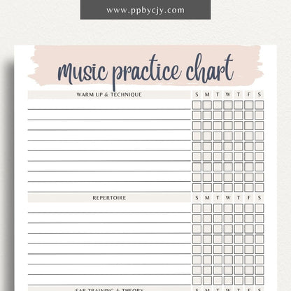 Music Practice Chart Printable Template – Digital download for tracking and organizing music practice sessions, including goals, duration, and progress.