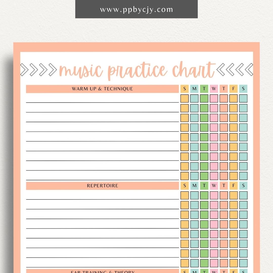 Music Practice Chart Printable Template – Digital download for tracking and organizing music practice sessions, including goals, duration, and progress.