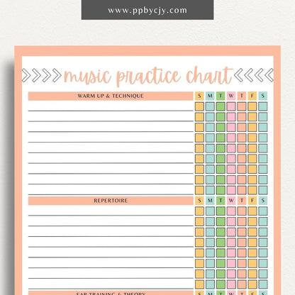 Music Practice Chart Printable Template – Digital download for tracking and organizing music practice sessions, including goals, duration, and progress.