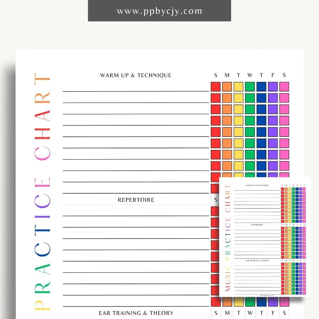 Music Practice Chart Printable Template – Digital download for tracking and organizing music practice sessions, including goals, duration, and progress.