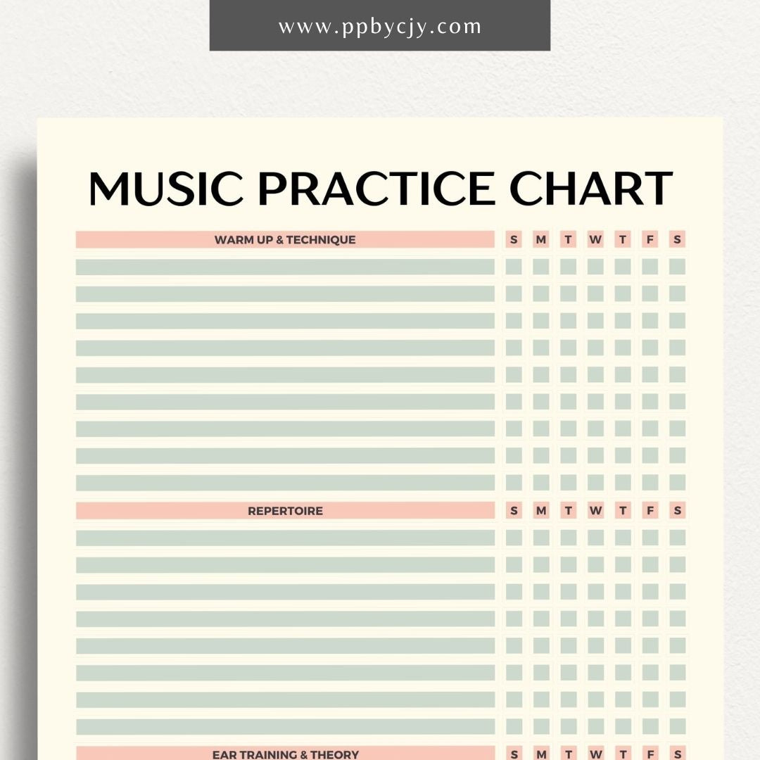Music Practice Chart Printable Template – Digital download for tracking and organizing music practice sessions, including goals, duration, and progress.