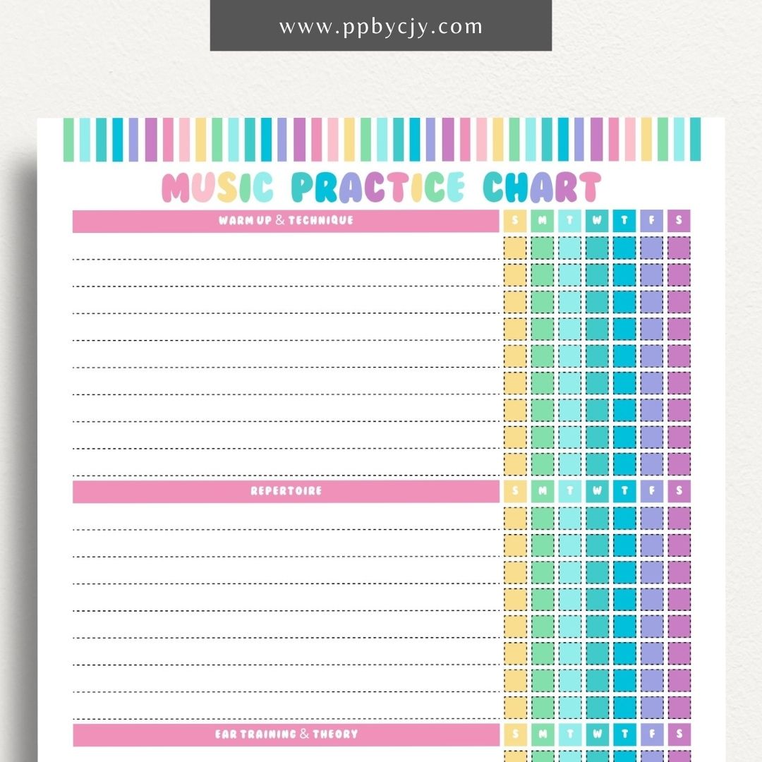 Music Practice Chart Printable Template – Digital download for tracking and organizing music practice sessions, including goals, duration, and progress.