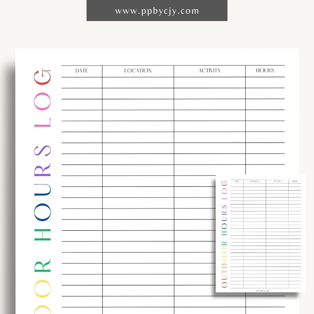 printable template page with columns and rows related to outdoor hour tracking