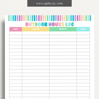 printable template page with columns and rows related to outdoor hour tracking