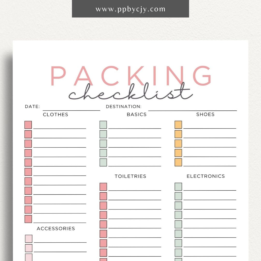 printable template page with columns and rows related to travel packing
